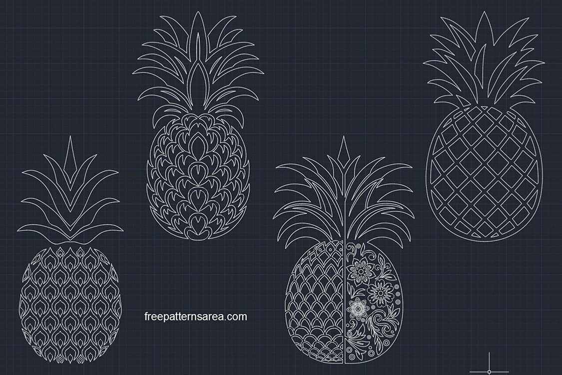 Free pineapple 2D CAD drawings in DWG file format, perfect for incorporation as CAD block files in AutoCAD and other 2D CAD software.