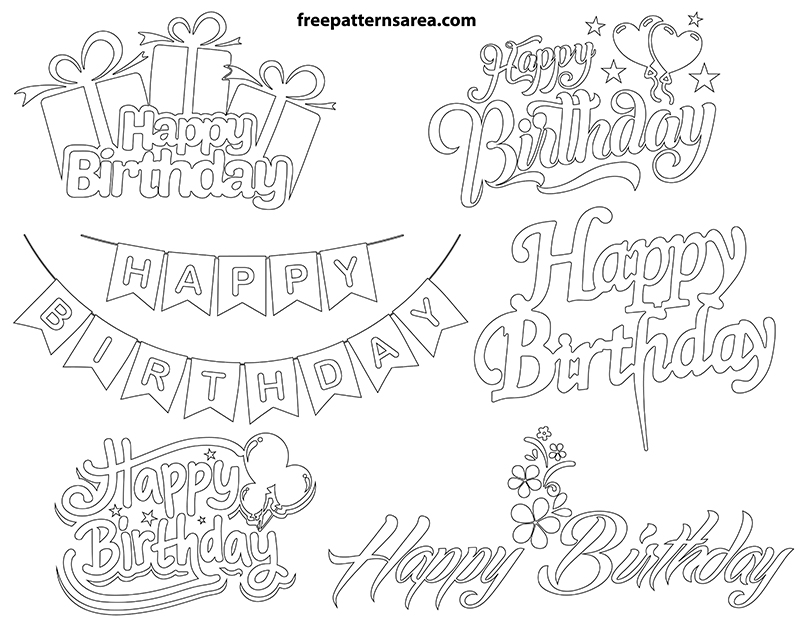 Printable happy birthday outline drawing templates. Happy birthday cut out PDF patterns
