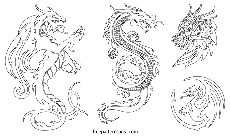 Printable dragon outline template. Dragon cut out pdf pattern drawings.