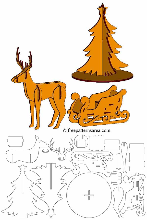 Deer, Tree, And Santa Sleigh Printable Christmas 3D Puzzle Templates