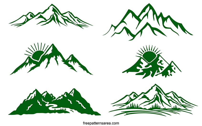 Mountains clipart svg cut file for cricut. Mountain graphic illustrations with snow, rivers, trees, forests, and the sun.