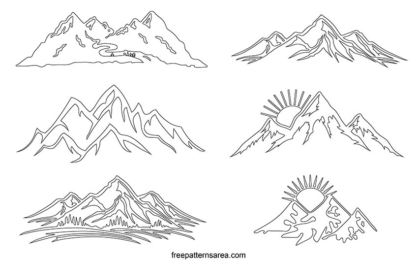 Printable mountains outline template. Mountains line art PDF pattern.