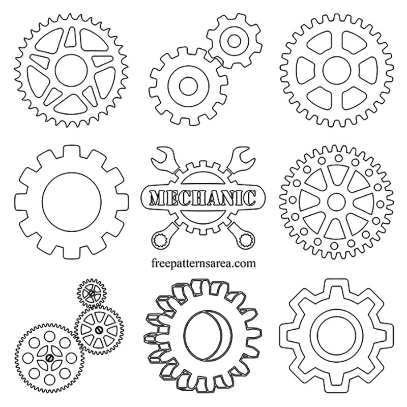 Printable cut out templates of gear-cog wheels for craft projects.