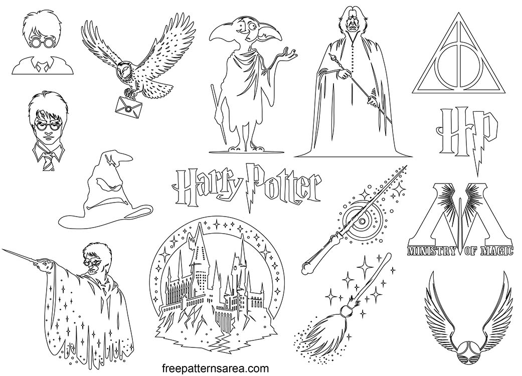 Downloadable PDF files containing a variety of printable Harry Potter outline templates, perfect for coloring or craft projects. Templates include Harry Potter characters, symbols, and objects, such as Harry Potter's face, Hogwarts Castle, and the Deathly Hallows symbol.