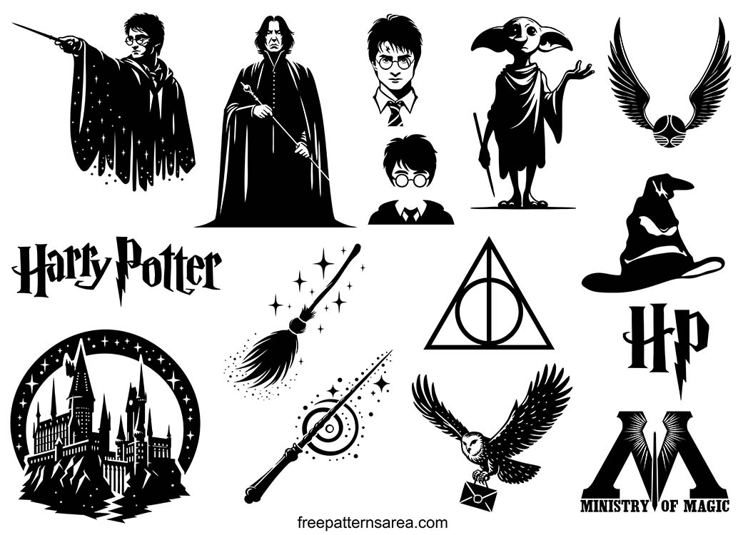 Black and white transparent vector graphic designs of Harry Potter characters, symbols, and objects. Includes Harry's face, logo-symbol, Severus Snape, Dobby, Golden Snitch, Nimbus broomstick, Deathly Hallows symbol, Sorting Hat, Hogwarts Castle, wand, owl Hedwig, and Ministry of Magic logo.